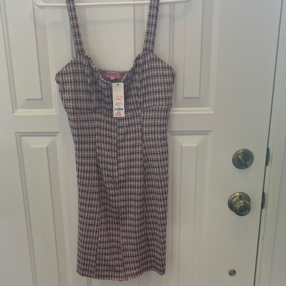 Mi Ami purple & Cream Houndstooth Mini Dress
